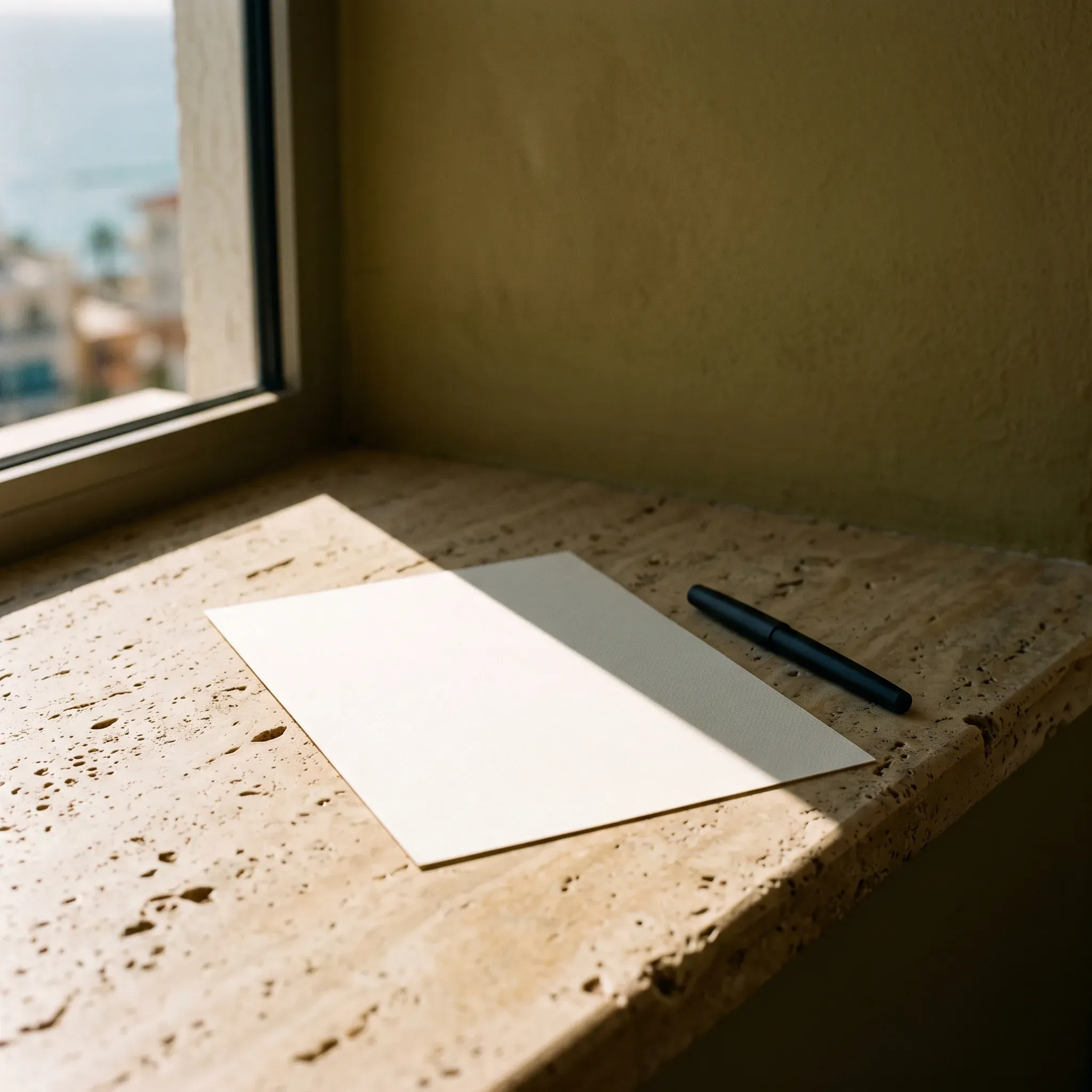 A single sheet of paper and a pen on a travertine windowsill in hard afternoon sun