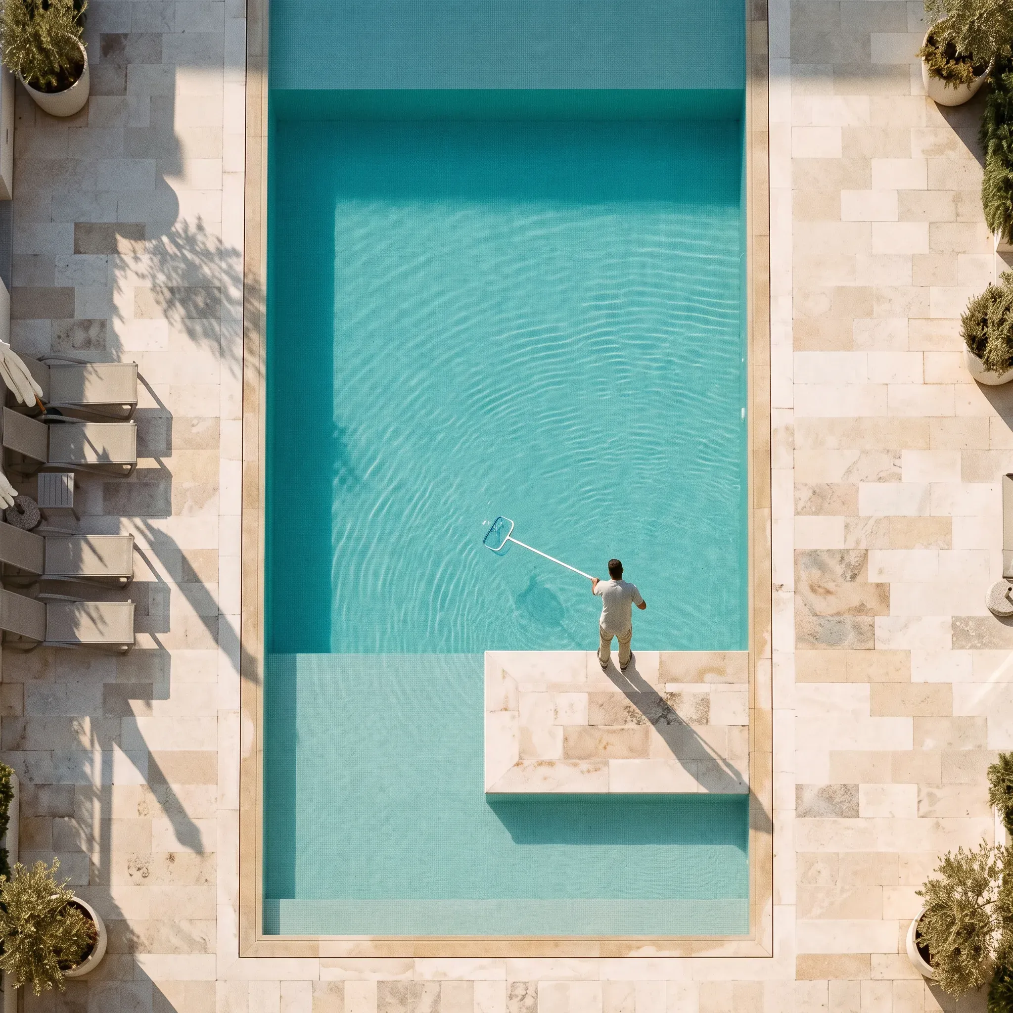 A residential pool from above at seven in the morning, one attendant drawing a skimmer across the water